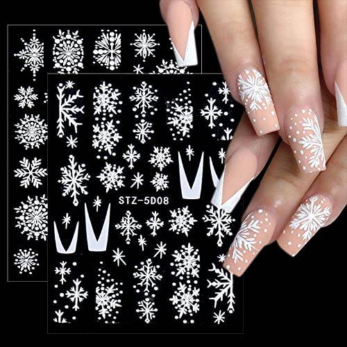 5D Snowflake Nail Art Stickers Charm Decorate 4 Sheets Christmas Winter Snowflake Embossed French Nail Decal Design Self-Adhesive Sticker for Women Acrylic Nail DIY Decoration Manicure Supplies
