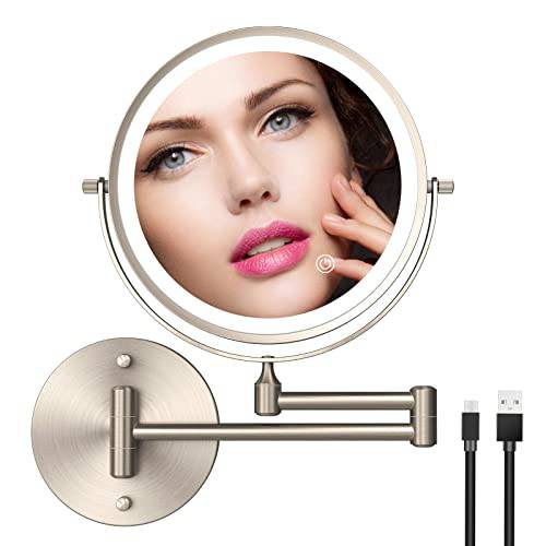 Rechargeable Lighted Wall Makeup Mirror, 8 Inch Double Sided 1X 10X Magnifying Bathroom Mirror, Medical-Grade 3 Color Lights, Touch Screen Dimming, Extended Arm 360 Rotation (Nickel)