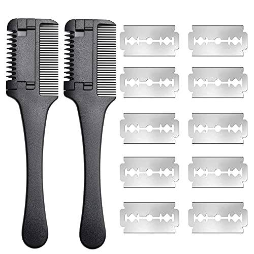 Hair Cutter Comb Cutting Scissors, Double Edge Razor, Hair Thinning Comb Slim Haircuts Cutting Tool (2pcs Razor Comb +10pcs Razors)