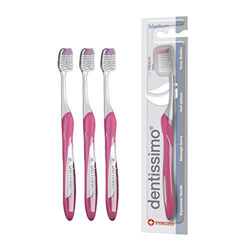 DENTISSIMO SWISS BIODENT Premium Oral Care Medium Bristle Toothbrush with Ergonomic Handle, Colors May Vary, Pack of 3