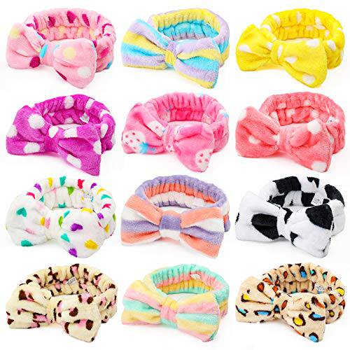 3 otters Bow Hair Band, 12PCS Makeup Headbands Spa Headband, Soft Coral Fleece Head Wraps, for Washing Face Shower Spa Mask