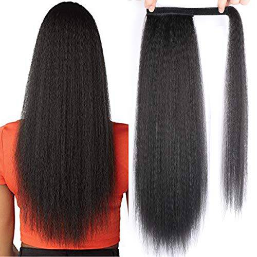 Long Kinky Straight Ponytail Extension for Black Women,Yaki Straight Wrap Arpund Pony Tail Hair 24 Inch Clip in Ponytail Extension Magic Paste Synthetic Straight Black Ponytail