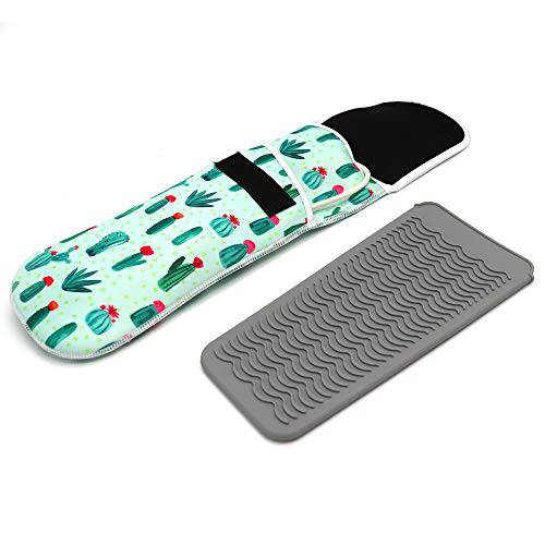 Heat Resistant Neoprene Silicone Travel Hair Curler Mat Holder and Curling Flat Iron Storage Pouch Set, Cactus