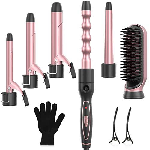 Curling Iron Set, Professional 6 in 1 Curling Wand with Hair Straightener Brush, Dual Voltage Hair Curler Wave Wand with Ceramic Barrel, Instant Heating Hair Styling Tools - Heat Resistant Gloves