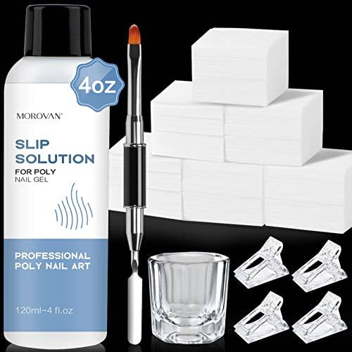 Morovan Poly Gel Slip Solution 120ml Nail Extension Gel Liquid Anti-stick Gel Solution with Brush Cup Nail Cleaner Nail Tips Clip Poly Nail Gel Liquid Solution for Polygel Easy DIY Poly Gel Nail