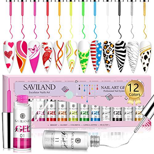 Saviland Gel Nail Polish Gel Liner Nail Art Set - 12 Colors 8Ml Neon Gel Nail Polish Set with Thin Brush for Line Pulling, Gel Paint for Nails Art, Gel Nail Art and Christmas Gifts for Women