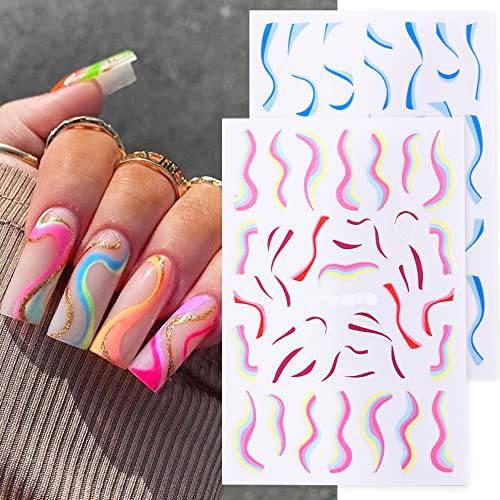 XIELIME Color Wave Lines Nail Art Sticker, 3D Self-Adhesive Nail Decoration for Acrylic Nail Art Supplies with French Swirl Cow Print Design DIY Nail Decals Charms Manicure Slider 7 Sheets