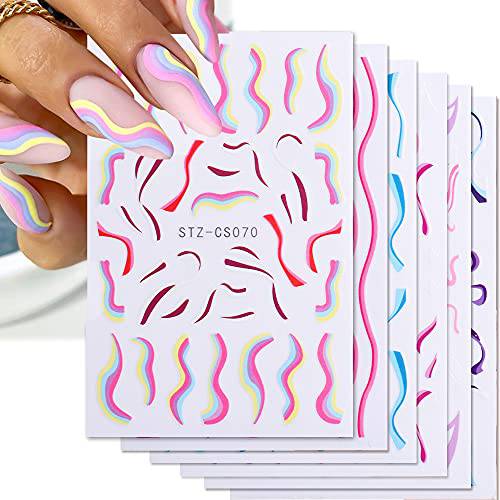 Color Wave Line Nail Stickers Nail Decals, 3D Geometry Irregular Whirling Lines Self-Adhesive Nail Art Supplies, French Abstract Swirl Strips Nail Decorations Accessories for Manicure Design