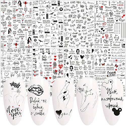 Letter Nail Art Stickers, Alphabet Nail Decals Designer Nail Art Supplies 3D Self-Adhesive English Letters Words Design Love Foil Heart Manicure Tips Nail Decoration for Women Girls 8 Sheets