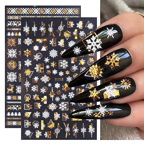 Christmas Nail Art Stickers Snowflake Nail Decals 8Sheets Christmas Snowflakes Nail Stickers 3D Adhesive Gold White Laser Christmas Nail Designs Winter Nail Stickers for Manicure Tips Decorations