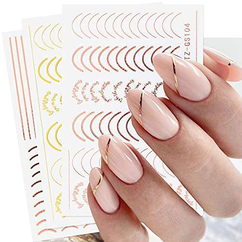Nail Stickers for Nail Art, Gold Line Nail Art Stickers 3D Adhesive Nail Art Supplies Decals French Style Curve Stripe Lines Nail Designs Rose Gold Silver Nail Art Decorations Stickers Set (6 Sheets)