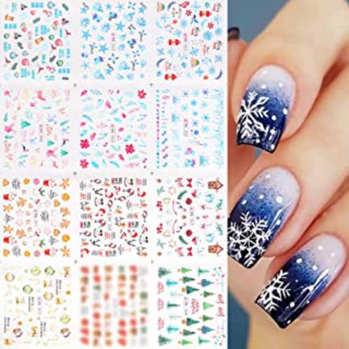 Christmas Nail Stickers Snowflake Nail Art Water Decals Transfer Foils for Nails Supply Snowman Reindeer Santa Claus Bell Tree Stick Sticker for Women Girls Christams Nails Design Art Decoration 12PCS