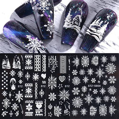 Christmas 5D Stereoscopic Embossed Nail Art Stickers Decals Snowflake Snowman Texture Design Nail Polish Sliders Nail Foils for DIY Nail Art Christmas Party Decorations Supplies (A)