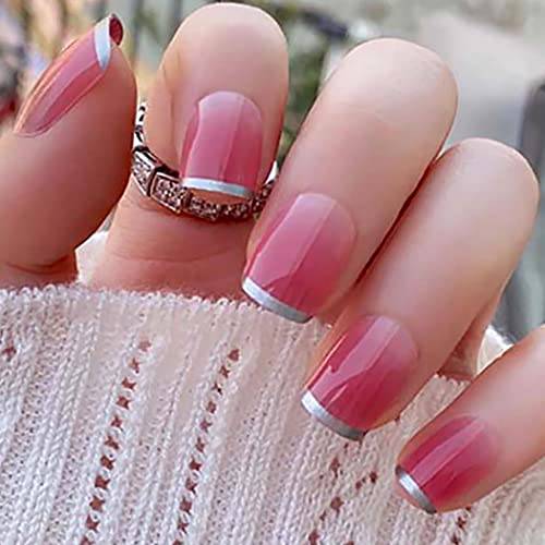 Obmyec Pink Short Press on Nail French Square Fake Nails Glossy Ombre False Nail Gradient Acrylic Artificial Nails Daily Office Full Cover Nails Flat Top Stick on Nails for Women and Girls (24Pcs)