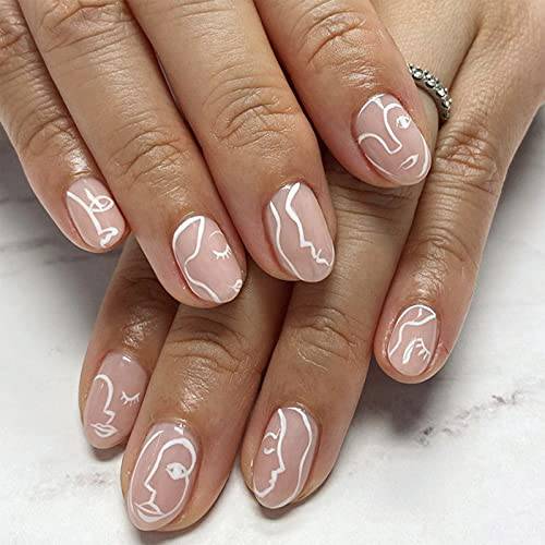 SINHOT Round Short Press on Nails Nude White Oval Heart Fake Nails Personalized Line Graffiti Short Glossy Acrylic Cute False Nails Manicure for Women and Girls 24Pcs