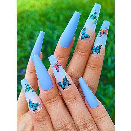 Blue Coffin Press On Nails, Long Ballerina Fake Nails False Nails, Press On Nails with Designs, Glue On Nails, 30PCS Press Ons Full Size for Women Girls