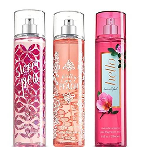 Bath and Body Works 3 Pack Fine Fragrance Mist 8 Oz. Hello Beautiful, Pretty as a Peach and Sweet Pea. Travel Size Creme 1 Oz.