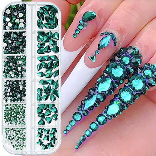 735 Pieces Green Rhinestones for Nails Green Stones for Nails Crystals 3D Nail Diamonds Art Decoration Crafts DIY (Green)