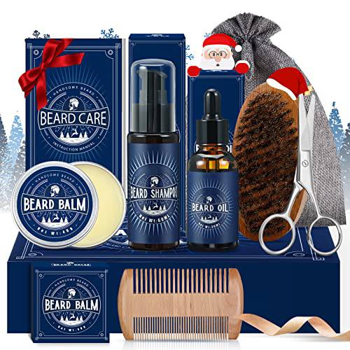 Beard Care Kit, Beard Grooming Kit Gift, w/Beard Shampoo, Beard Oil, Beard Balm, Bristle Brush, Styling Comb, Beard Scissors, Double-tooth Beard Comb & Storage Bag, Best Beard Care Gift for Men Him