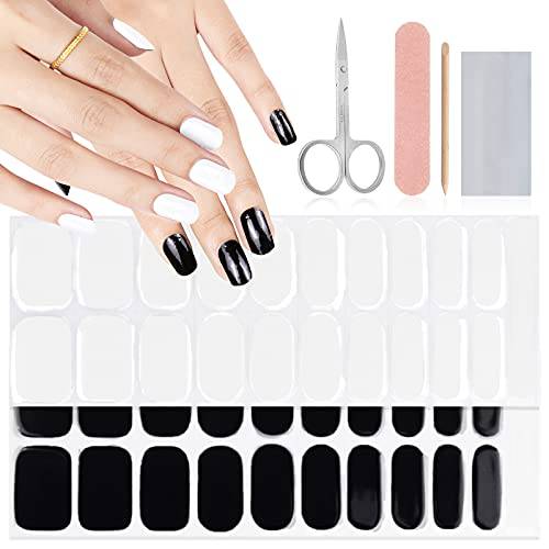 EBANKU Semi Cured Gel Nails Wraps 40 Sheets Black White Waterproof Nail Polish Strips Glossy Soft Real Gel Nail Polish Wraps for Women Girls (UV/LED Lamp Required)