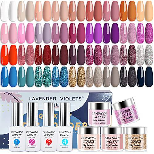 Lavender Violets Quick Drying Dipping Powder Bundle Set of 36 Colors White, Nude, Pink, Red, Blue and Winter Colors with Base coat, Top coat, Activator and Brush Saver Nail Art M952J775