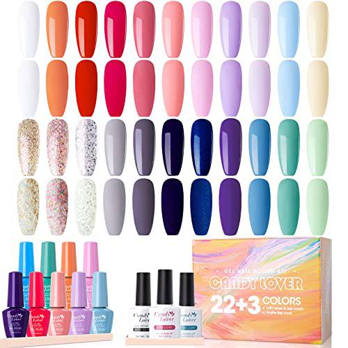 Candy Lover 25 Pcs Gel Nail Polish Kit, 22 Colors with Base and Glossy & Matte Top Coat, Soak Off Pastel Color Gel Polish Set, Macaron Holidays Glitter Nail Art Starter Kit Gift Set for Girls Women, GS-703