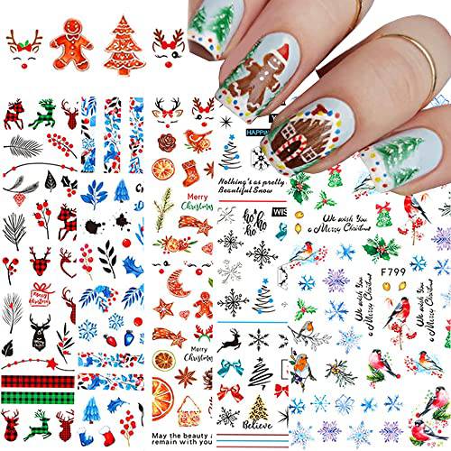 5 Sheets Christmas Nail Art Stickers, 3D Self-Adhesive Snowflake Nail Decals with Christmas Tree Snowman Elk Winter Nail Design for Women Girls Xmas Nail Art Supplies