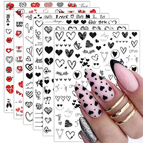 Heart Nail Stickers - 6 Sheets Hearts Nail Decals for Women - 3D Self Adhesive Heart Nail Art Stickers - Black Red Heart Love Angel Cupid Nail Designs DIY Valentines Manicure Decorations
