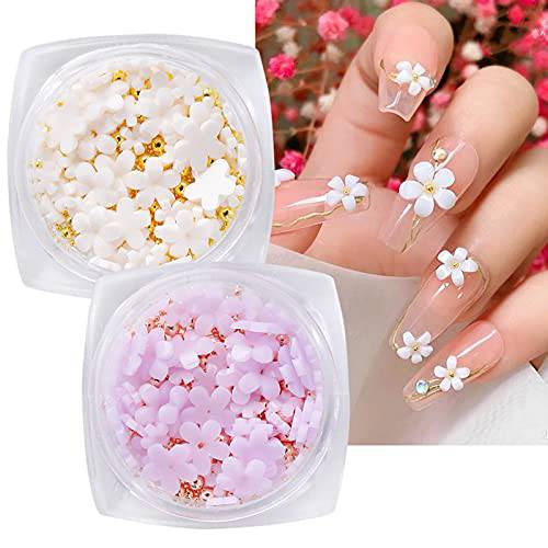 6 Boxes 3D Flower Nail Art Charms Light Change Nail Decals for Acrylic Nail Art Accessories with Pearl Golden Caviar Beads Glitter Nail Supplies Stud Design Jewelry Women DIY Decoration Tips