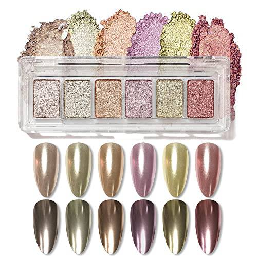 MIZHSE Solid Chrome Nail Powder 6 Color Palette, Metallic Mirror Powder Nail Art Manicure Kit, Rose Gold Purple Glossy Pigment Glitter(6 in 1)