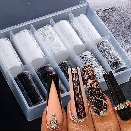 Lace Nail Art Foil Transfer Stickers Black White Flower Foil Transfers Decals Nail Supplies Starry Sky Lace Flowers Nail Foils Nail Art Adhesive Transfer Foils Sticker for Women Girls Manicure Tips
