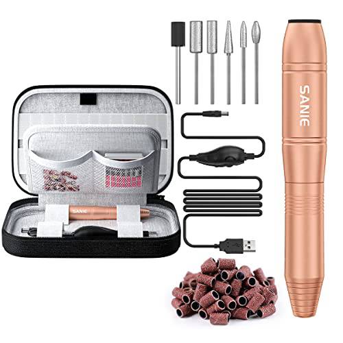 Sanie Electric Nail Drill Kit with Organizer Case, Portable Nail Drill Machine for Acrylic Nails, Professional Electric Nail File Set for Polish, Manicure, USB Nail Filer for Salon and Home Use, Gold