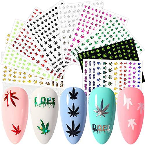 MiaoWu 24 Sheets Pot Leaf Nail Art Stickers Self-Adhesive 3D Maple Leaf Nail Stickers Fall Nail Art Decals Glitters Flakes Autumn Nail Supplies Colorful Weed Leaves Design for DIY Nail