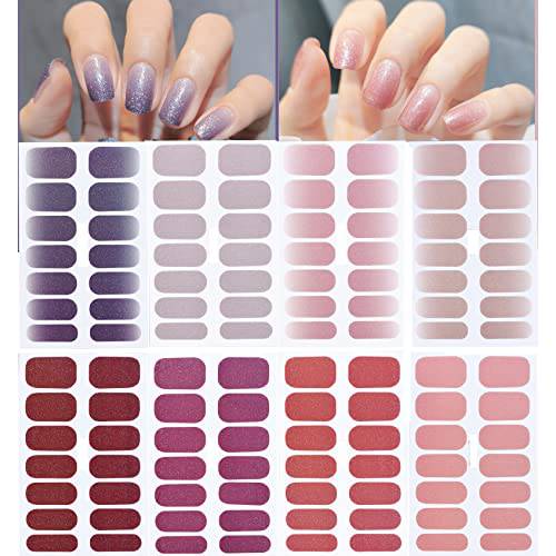 112 Pieces Nail Polish Sticker Full Wrap Nail Strip Supplies,8 Sheets Gradient Purple, Pink Shiny Self-Adhesive Gel Nail Art Design Decals with Nail File for Women Girls Manicure Decoration Tips
