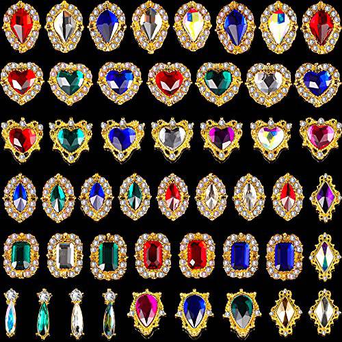 48 Pieces 3D Nail Art Charms Nails Charms Rhinestones Colorful AB Iridescent Nail Jewels for Acrylic Nails Large Rhinestones Heart Nail Beauty Accessories Mix Size Diamond Nail Gems, 48 Styles