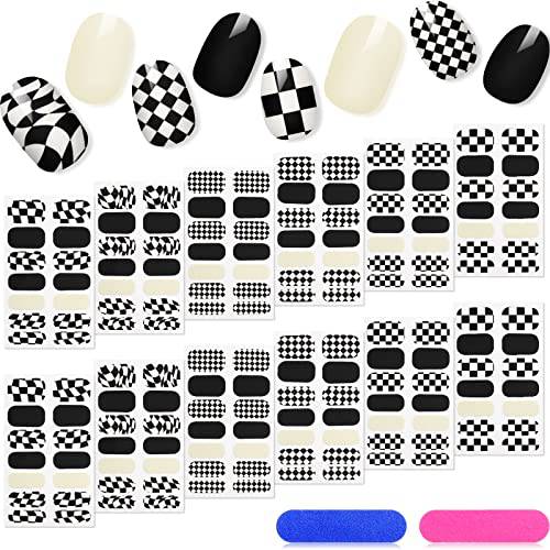 Checkered Nail Strips Pure Color Nail Stickers Art Solid Full Nail Wraps Self Adhesive Nail Polish Strips on Plaid Nail Gel with 2 Nail Files (Simple Colors,12 Sheets)