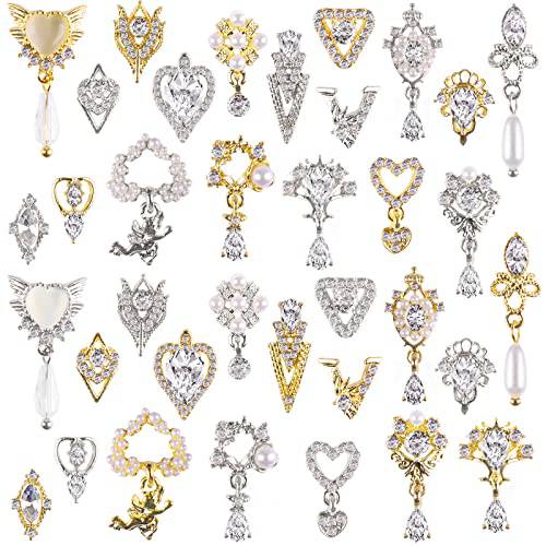 36 Pcs Luxury Nail Art Rhinestone, TOROKOM 3D Dangle Nail Art Charms Gold Silver Heart Pearl Crystal Gems Nail Diamond for Girl Women DIY Nail Design Craft Jewelry Making