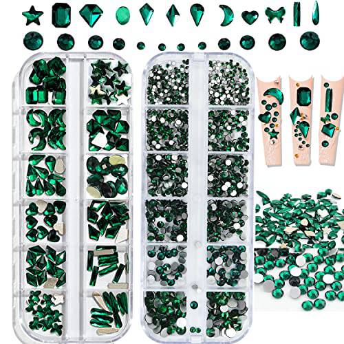 Green Nail Art Rhinestones Kit 1680Pcs Crystal Rhinestone for Nails Design Emerald Green Rhinestones Beads Multi Shapes Crystals Gems Nail Charms Decorations for Nail Art Craft DIY Clothes Jewelry