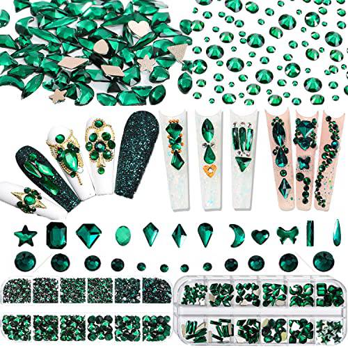 BELICEY Green Nail Art Rhinestone Sets 2120Pcs Emerald Green Crystal Flatback Gems for Nail Design Multi Shapes Size Flatback Gems Stone for Nail DIY Makeup Crafts Jewelry Accessories