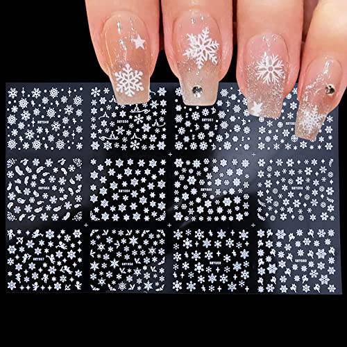 White Snowflake Nail Art Stickers Decal Snowflake Nail Supplies 12 Sheets Nail Sticker Decoration Snowflake Fake Nail Design Acrylic Women Girls 3D Self-Adhesive Christmas DIY Nail Tips Wraps Acrylic