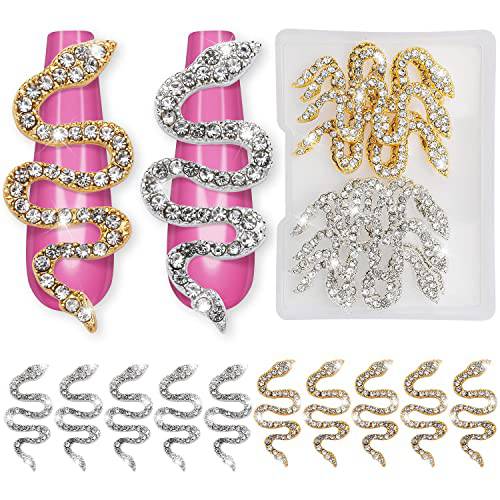 Noverlife 10PCS Snake-Shape Nail Art Charms with Rhinestones, Gold & Sliver Snake Wave Nail Studs Diamonds, Retro Nail Jewelry Accessories for DIY Crafts Nail Art Decorations