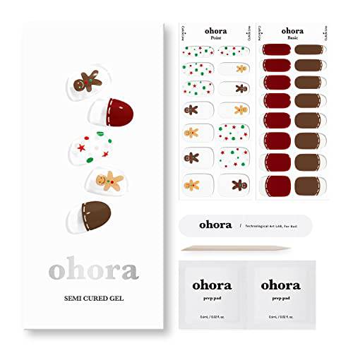 ohora Semi Cured Gel Nail Strips (N Cookieman) - Works with Any Nail Lamps, Salon-Quality, Long Lasting, Easy to Apply & Remove - Includes 2 Prep Pads, Nail File & Wooden Stick - Christmas Nails