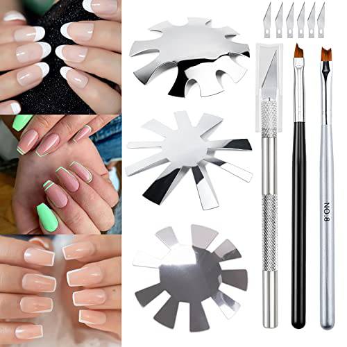 French Tip Cutter, Lokyango 3pcs French Nail Cutter Smile Line Cutter for Acrylic Nails DIY Manicure Edge Trimmer French Tip Tool with 2pcs Nail Brush, 1pcs Cutting Knife, 5 Spare Blades