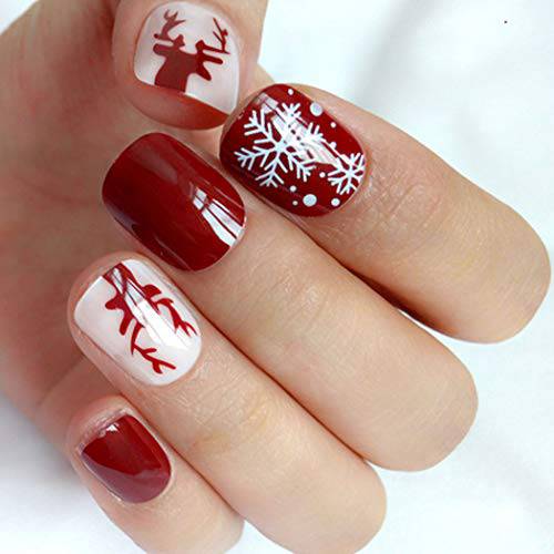 Aiyuan Press on Nails Short Square Fake Red Nails for Christmas Snowflake False Nails with Designs Reindeer Nails Acrylic Nails Full Cover Artificial Nails Stick on Nails for Women and Girls Gifts