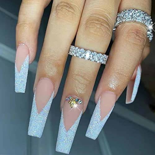 Kamize Press on Nails Long Bling Fake Nails French Tips Coffin Full Cover XL Stick on Nails for Women and Girls24PCS