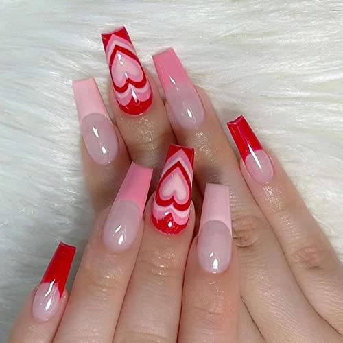 24 PCS Press on Nails Medium Long Coffin Fake Nails Glue on Nails for Women Girls Full Cover Stick on Nails with Glue Sticker and Nails File Party Gift