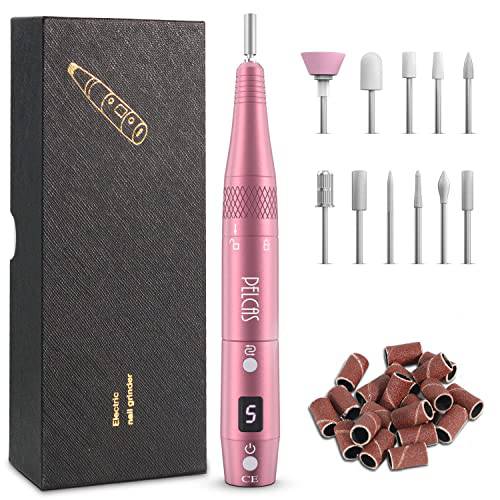 PELCAS Cordless Electric Nail Drill, Professional Portable Manicure Nail Drill Kit 20000RPM Rechargeable 5 Adjustable Speeds LCD Display 11 Attachments for Acrylic Nails, Polishing, Nail Art