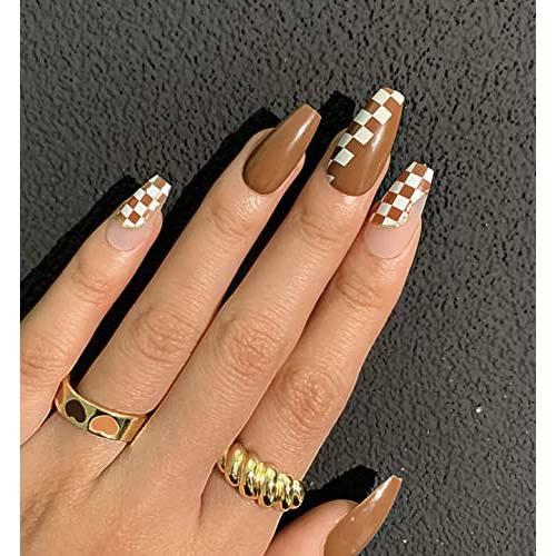 Ninake 28pcs coffin press on false nails with design, medium fake nails with gel, stick and mini file, home salon manicure set, artificial nail kit, gift for women, girls or wife. (Brown Heart)