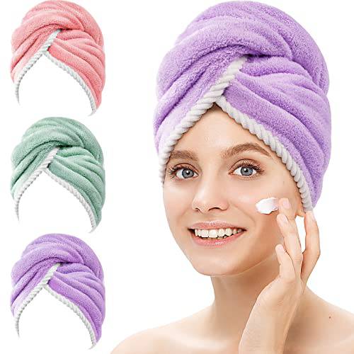 YFONG 3 Pack Hair Drying Towels, Hair Towel with Button, Super Absorbent Microfiber Hair Towel for Curly Hair, Fast Drying Hair Wraps for Women Girls, Microfiber Towel for Hair
