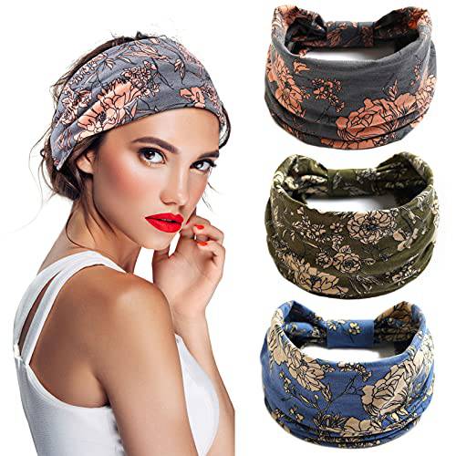 S&N Remille 3 Pack Wide Boho headbands for Women and Girls, elastic Turban Head wrap non-slip Hair Bands for Sport Yoga and Running Headband